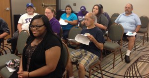 Local 1000 members at TCU discuss their new contract with Sodexo