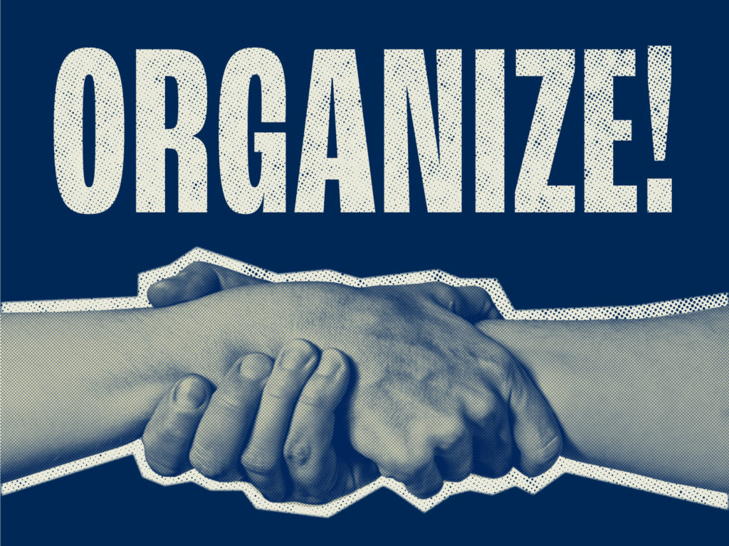 A stylized photo of two grocery workers shaking hands in an act of solidarity with the text "Organize!" above them